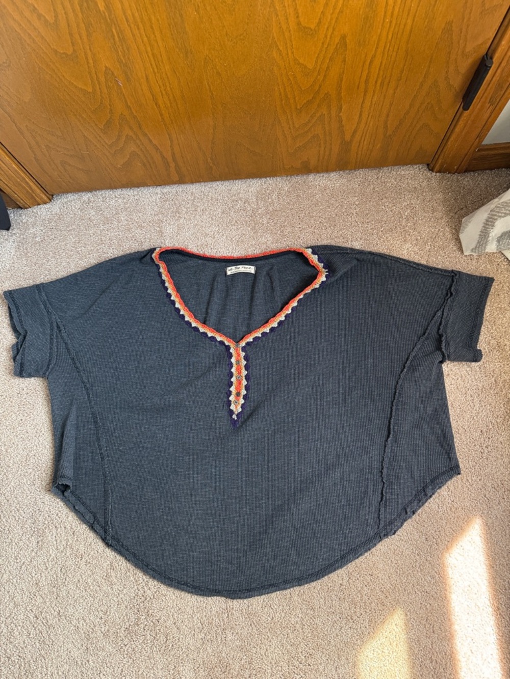 Free People We The Free Gray Batwing Oversized Crochet Waffle Knit Top - Picture 2 of 8